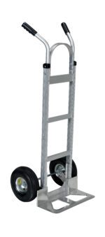 The Vestil 2 Handle Alum Hand Truck Pneumatic boasts a sleek silver design, two sturdy black wheels, and tall handles with ergonomic black grips. Its durable flat base effortlessly supports heavy loads, while the pneumatic tires ensure smooth transport.