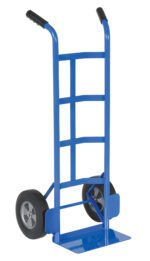 The Vestil Steel Dual Handle Hand Truck H.R. Wheels boasts a durable metal frame, H.R. Wheels for smooth transport, and a blue design with black textured grips and an extended flat base plate for efficient heavy load movement.