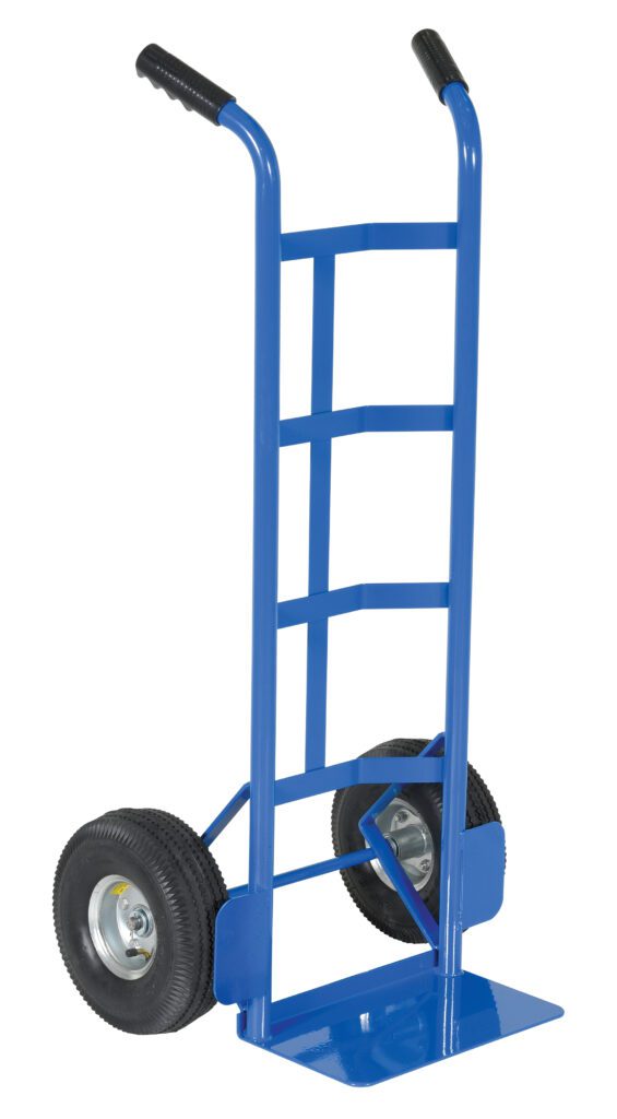 DHHT-500S_A.jpg The Vestil Steel Dual Handle Hand Truck Pn Wheel features a blue metal frame with black handles and two sturdy black rubber wheels, perfect for moving heavy items. It has a flat base to facilitate lifting and transporting objects effortlessly.