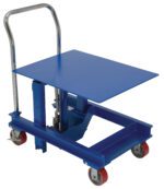 The Vestil Ergo Manual Die Table 36 In is a blue scissor lift cart with a metal handle and four red wheels, featuring a flat platform that elevates above the base for easy lifting and transporting of heavy items in industrial settings.