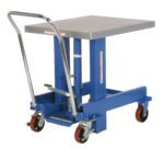 The Vestil Ergo Manual Chrome Platform Table 48 In features a metal handle, blue square platform, red swivel casters, and a foot pedal for easy lifting and transporting of heavy items.