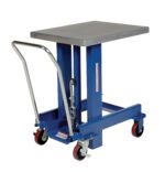 The Vestil Ergo Manual Chrome Platform Table 61 In features a blue hydraulic lift with a metallic handle and red-white caster wheels for easy mobility. Its lever mechanism allows height adjustment, making it ideal for efficiently lifting and moving heavy objects.