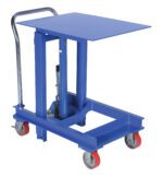 The Vestil Ergo Manual Die Table 60 In features a blue hydraulic lift, sturdy metal handle, and vibrant red caster wheels, ideal for efficiently lifting heavy items up to 60 inches.