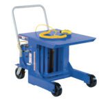 The Vestil Ergo DC Powered Platform Die Table 51 in comes with a handle, four wheels, and a yellow coiled cord with a top control switch. Its expertly designed for lifting and moving heavy items with convenience in its blue frame.