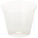 The 9 oz. Dixie® Crystal Clear Plastic Squat Cup, offered in cases of 1000, features a smooth, slightly tapered design and is elegantly set against a plain white background.