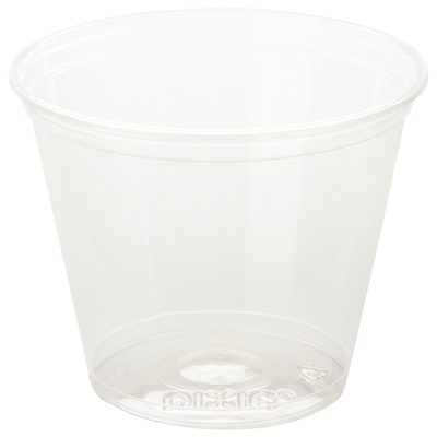 DIX100.jpg The 9 oz. Dixie® Crystal Clear Plastic Squat Cup, offered in cases of 1000, features a smooth, slightly tapered design and is elegantly set against a plain white background.