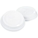 Two white Dixie® PerfecTouch Cup 10 to 20 oz. lids, each with a sip opening and circular indents, are shown on a white backdrop. With embossed branding, their slightly raised edges add detail. Available in packs of 500 per case.