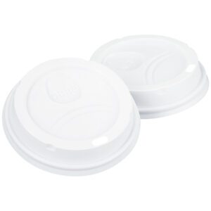 Two white Dixie® PerfecTouch Cup 10 to 20 oz. lids, each with a sip opening and circular indents, are shown on a white backdrop. With embossed branding, their slightly raised edges add detail. Available in packs of 500 per case.