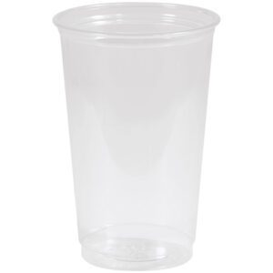 A Dixie® Crystal Clear Plastic Cup - 20 oz. with a slightly tapering design stands empty and upright against a plain white background, showcasing its perfect blend of practicality and elegance. Available in cases of 1000.