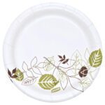 The Dixie® Paper Plates - 6 Heavyweight, White come in a pack of 500 and feature a decorative green and brown leafy pattern along the bottom edge, adding an earthy touch with various shapes and sizes of leaves.