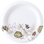 The 9 heavyweight Dixie® paper plates feature a decorative pattern of green and brown leaves along the edge, ideal for any occasion. Available in bulk as white plates, 500 per case, they combine durability with elegance.