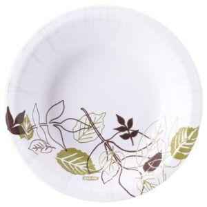 The Dixie® 12 oz. heavyweight paper bowls feature an artistic design with brown, green, and gold outline leaves elegantly encircling the bottom and right edge, perfectly complementing any setting with their tasteful aesthetic. Available in a case of 500, these white bowls enhance dining experiences.