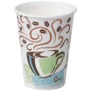 The Dixie® PerfecTouch® Insulated Cup (8 oz., 500/Case) showcases a green and white design with a steaming coffee cup illustration accented by swirling steam and coffee beans, perfect for your favorite brew.