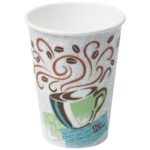 The Dixie® PerfecTouch® Insulated Cups - 12 oz. (500/Case) feature a steaming coffee design with swirling steam and coffee beans on a textured background, blending style and function for warmth and comfort.