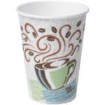 A 16 oz Dixie® PerfecTouch® Insulated Cup, sold as 500 per case, features a decorative design with a steaming coffee cup, swirls, and coffee beans—ideal for your morning brew.
