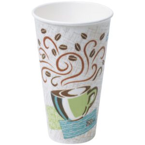 The Dixie® PerfecTouch® Insulated Cups, 20 oz., feature a swirl design with coffee beans and a green cup on a textured background. Perfect for stylish warmth, each case includes 500 disposable paper cups.