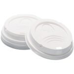 The image shows two white Dixie® PerfecTouch Cup Lids for 8 oz. cups, featuring a curved ridge and small drinking spout, slightly off-center on a plain white background. These lids come in a practical and convenient case of 1000.