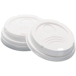 The image shows two white Dixie® PerfecTouch Cup Lids for 8 oz. cups, featuring a curved ridge and small drinking spout, slightly off-center on a plain white background. These lids come in a practical and convenient case of 1000.