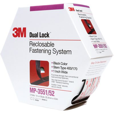 DK3M101.jpg Introducing the 1 x 15 Black 3M™ MP3551/52 Dual Lock™ Mini-Pack Fasteners (5 Rolls/Case) with hexagonal packaging, featuring stem type 400/170 and two 1.5m rolls for versatile reclosable fastening needs.