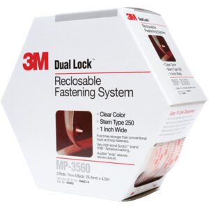 The packaging of the 1 x 4.9 yds. Clear 3M™ MP3560 Dual Lock™ Mini Pack Fasteners (1 Roll/Case) displays an image of the fastening mechanism, highlighting its clear color, type 250 stem, and model number MP-3560.
