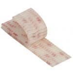 A close-up of a 1 x 150 Clear (1 Pack) 3M™ SJ3560 Dual Lock™ Fasteners strip highlights its interlocking mushroom-shaped stems, with the backing displaying the printed 3M logo and text, emphasizing its quality and durability.