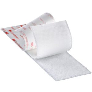 A white medical adhesive bandage featuring a red logo is partially peeled back, exposing a textured pad beneath, akin in durability to the 3M™ SJ3572 Scotchmate™ Fastener Hook White. Designed for efficient wound care and protection.