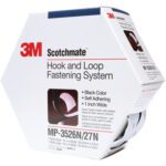 The 1 x 15 Black 3M™ MP3526N/MP3527N Scotchmate™ Combo Pack Fasteners are presented in a hexagonal box featuring self-adhering hooks and a product image, ideal for versatile fastening needs.