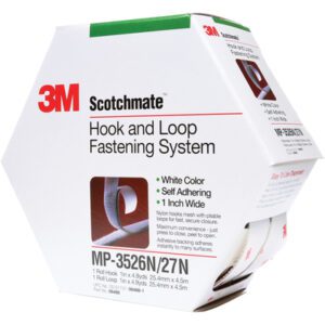 1 x 15 White 3M™ MP3526N/MP3527N Scotchmate™ Combo Pack Fasteners come in hexagonal packaging, featuring self-adhering properties with a product image and specs, and include 5 rolls per case.