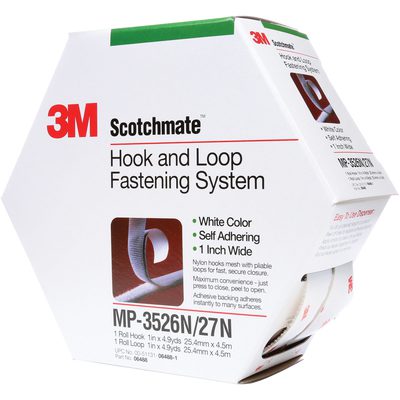 DK3M163.jpg 1 x 15 White 3M™ MP3526N/MP3527N Scotchmate™ Combo Pack Fasteners come in hexagonal packaging, featuring self-adhering properties with a product image and specs, and include 5 rolls per case.