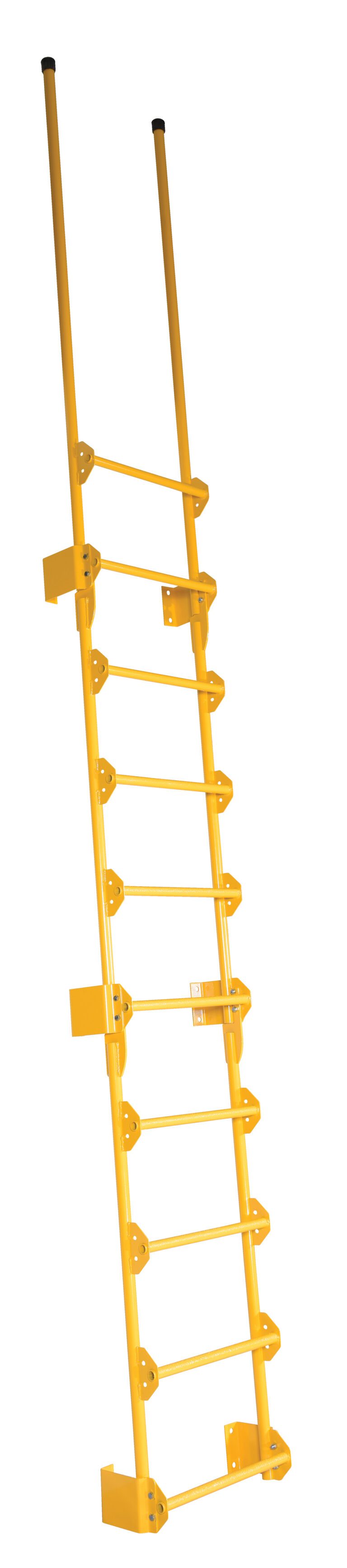 The 10-step Vestil Dock Ladder Walk-Through Style, with its yellow color, safety hoops, and side rails, expertly leans against an invisible surface.