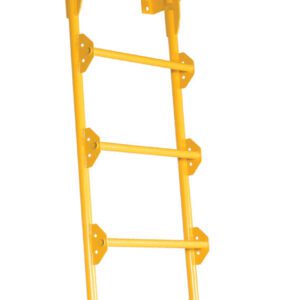 The 10-step Vestil Dock Ladder Walk-Through Style, with its yellow color, safety hoops, and side rails, expertly leans against an invisible surface.