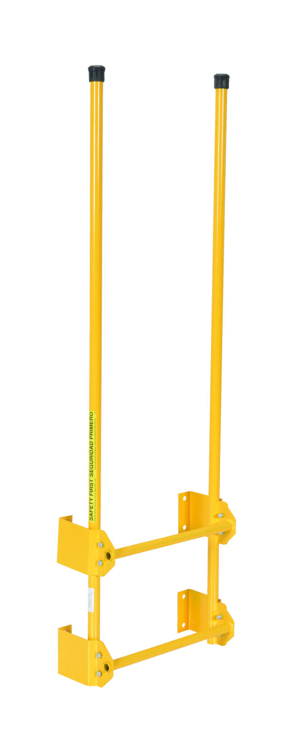 DKL-2_A.jpg The Vestil Dock Ladder Walk-Through Style 2 Step features a yellow safety rail system with two vertical posts, adjustable brackets for fall protection, and components that connect with horizontal braces for secure installation on building edges.