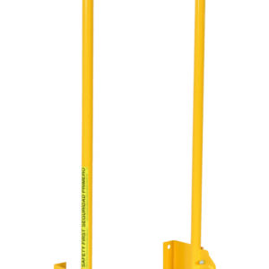 The Vestil Dock Ladder Walk-Through Style 2 Step features a yellow safety rail system with two vertical posts, adjustable brackets for fall protection, and components that connect with horizontal braces for secure installation on building edges.