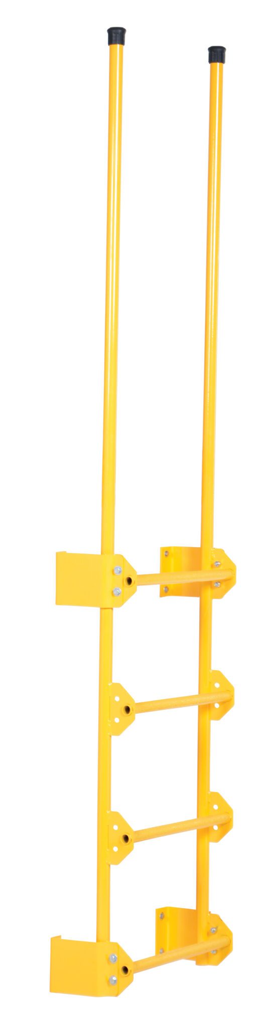 DKL-4_A.jpg The Vestil Dock Ladder Walk-Through Style 4 Step is a yellow vertical safety ladder with a walk-through design, extended support poles, and complete with mounting brackets, ideal for industrial or commercial use. It stands upright against a white background.