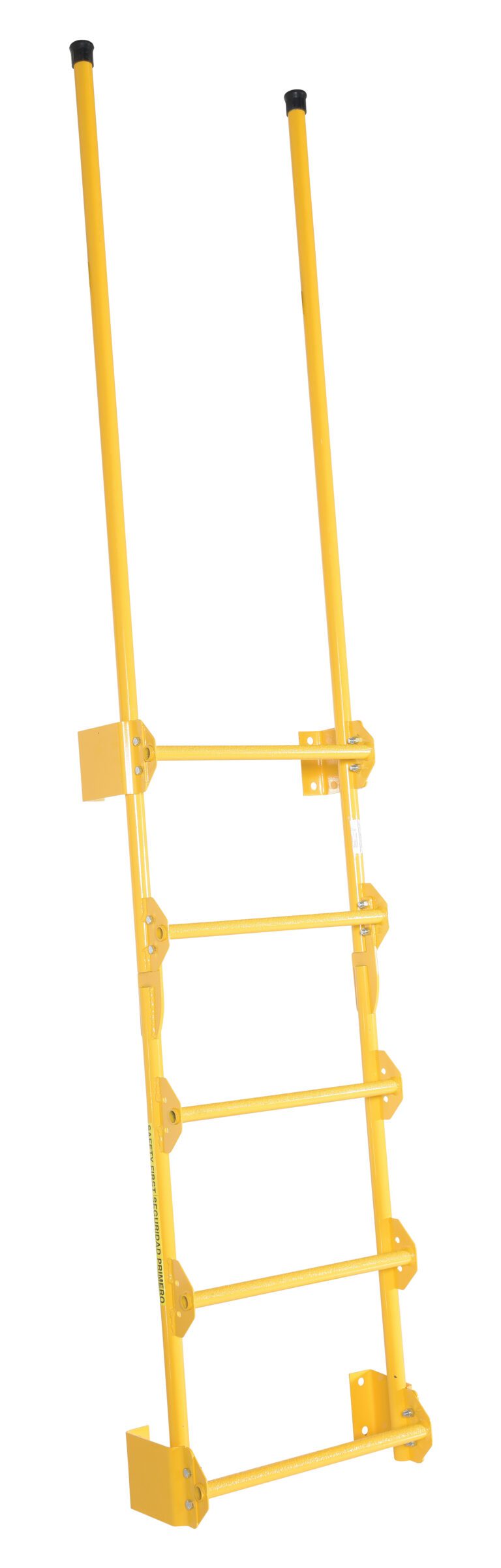 The Vestil Dock Ladder Walk-Through Style 5 Step is a yellow safety ladder with extended side rails and sturdy brackets for stability, ensuring secure attachment and extra support while climbing.