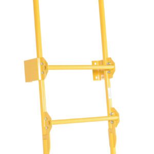 The Vestil Dock Ladder Walk-Through Style 5 Step is a yellow safety ladder with extended side rails and sturdy brackets for stability, ensuring secure attachment and extra support while climbing.