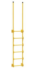 A Vestil Dock Ladder Walk-Through Style 6 Step is wall-mounted and painted yellow. It includes five rungs and extended side rails for added support, ideal for industrial or commercial use, perfectly merging functionality with design.