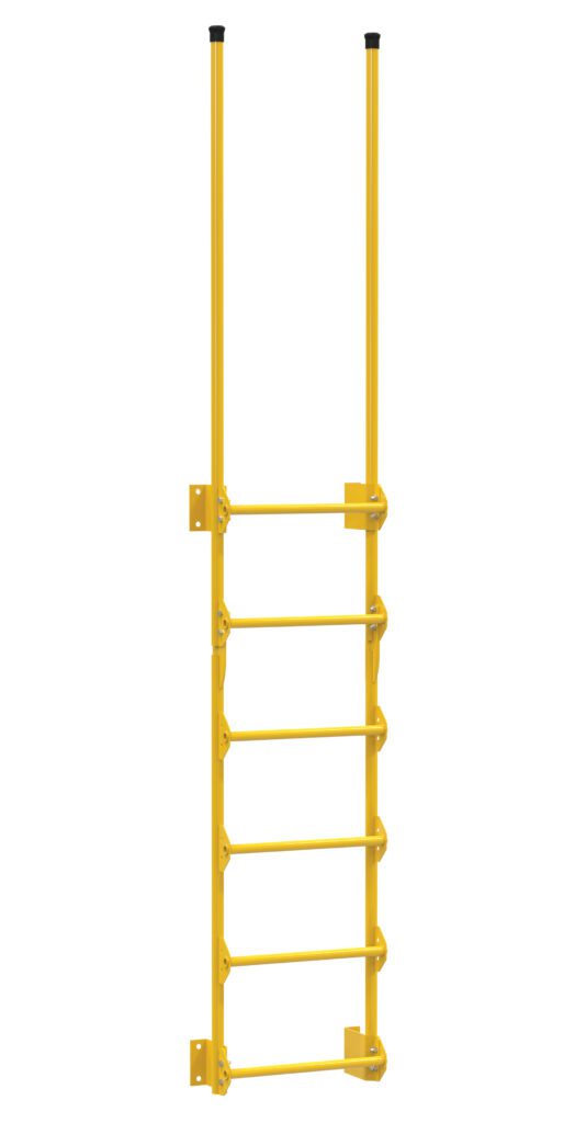 A Vestil Dock Ladder Walk-Through Style 6 Step is wall-mounted and painted yellow. It includes five rungs and extended side rails for added support, ideal for industrial or commercial use, perfectly merging functionality with design.