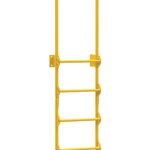 A Vestil Dock Ladder Walk-Through Style 6 Step is wall-mounted and painted yellow. It includes five rungs and extended side rails for added support, ideal for industrial or commercial use, perfectly merging functionality with design.