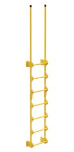 The Vestil Dock Ladder Walk-Through Style 7 Step features yellow metal construction, five horizontal rungs, and two vertical side rails. It includes wall-mount brackets and extended top poles for safe, easy walk-through access in industrial settings.