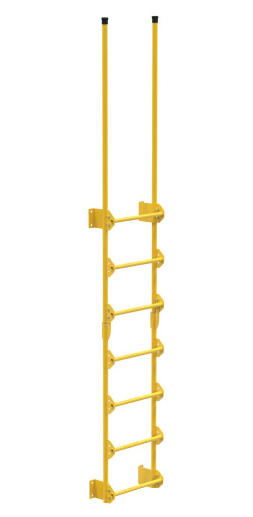 The Vestil Dock Ladder Walk-Through Style 7 Step features yellow metal construction, five horizontal rungs, and two vertical side rails. It includes wall-mount brackets and extended top poles for safe, easy walk-through access in industrial settings.