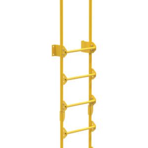 The Vestil Dock Ladder Walk-Through Style 7 Step features yellow metal construction, five horizontal rungs, and two vertical side rails. It includes wall-mount brackets and extended top poles for safe, easy walk-through access in industrial settings.