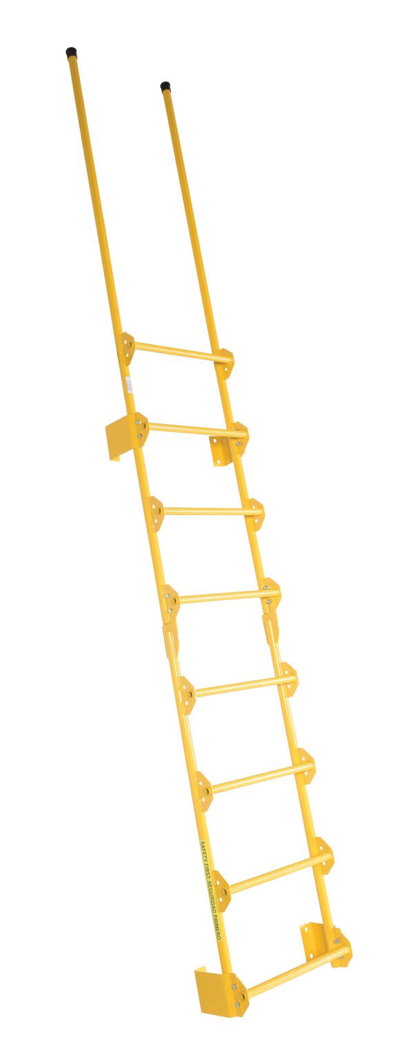 The Vestil Dock Ladder Walk-Through Style 8 Step is a yellow metal ladder with side rails and horizontal steps, designed for stable climbing and enhanced safety.