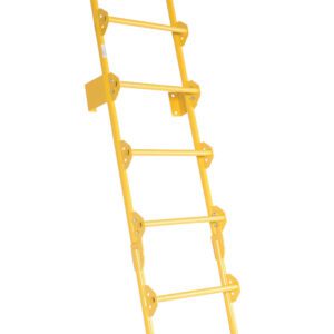 The Vestil Dock Ladder Walk-Through Style 8 Step is a yellow metal ladder with side rails and horizontal steps, designed for stable climbing and enhanced safety.