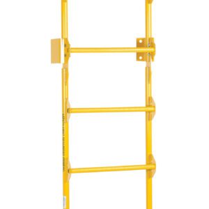 The Vestil Dock Ladder Walk-Through Style 9 Step offers superior safety with its yellow vertical frame, extended poles, and nine durable steps. Ideal for industrial or construction use, it features side brackets and anti-slip feet for stability on any job site.