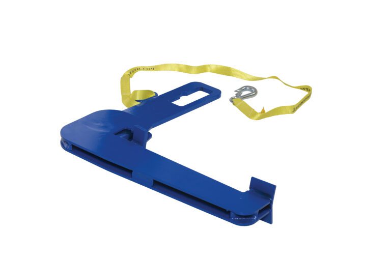 DL-31_A.jpg The Vestil Drum Lifter, a blue metal clamp with a 1500 lb capacity, features an adjustable mechanism, yellow nylon strap with printed text, and metal hook for securing or lifting objects using a fork or chain.