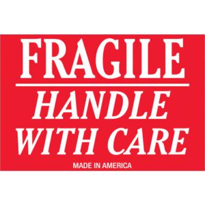 The MH-USA 2 x 3 labels feature a bold red and white FRAGILE HANDLE WITH CARE text, with MADE IN AMERICA in smaller print below. Available in rolls of 500 for easy use.