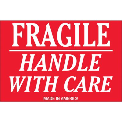 DL1052.jpg The MH-USA 2 x 3 labels feature a bold red and white FRAGILE HANDLE WITH CARE text, with MADE IN AMERICA in smaller print below. Available in rolls of 500 for easy use.
