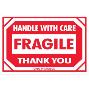 The MH-USA 2 x 3 sign includes bold text HANDLE WITH CARE FRAGILE THANK YOU and MADE IN AMERICA, akin to our MH-USA 2 x 3 - Fragile - Handle With Care Labels, available in rolls of 500.