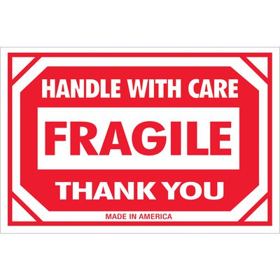DL1053.jpg The MH-USA 2 x 3 sign includes bold text HANDLE WITH CARE FRAGILE THANK YOU and MADE IN AMERICA, akin to our MH-USA 2 x 3 - Fragile - Handle With Care Labels, available in rolls of 500.
